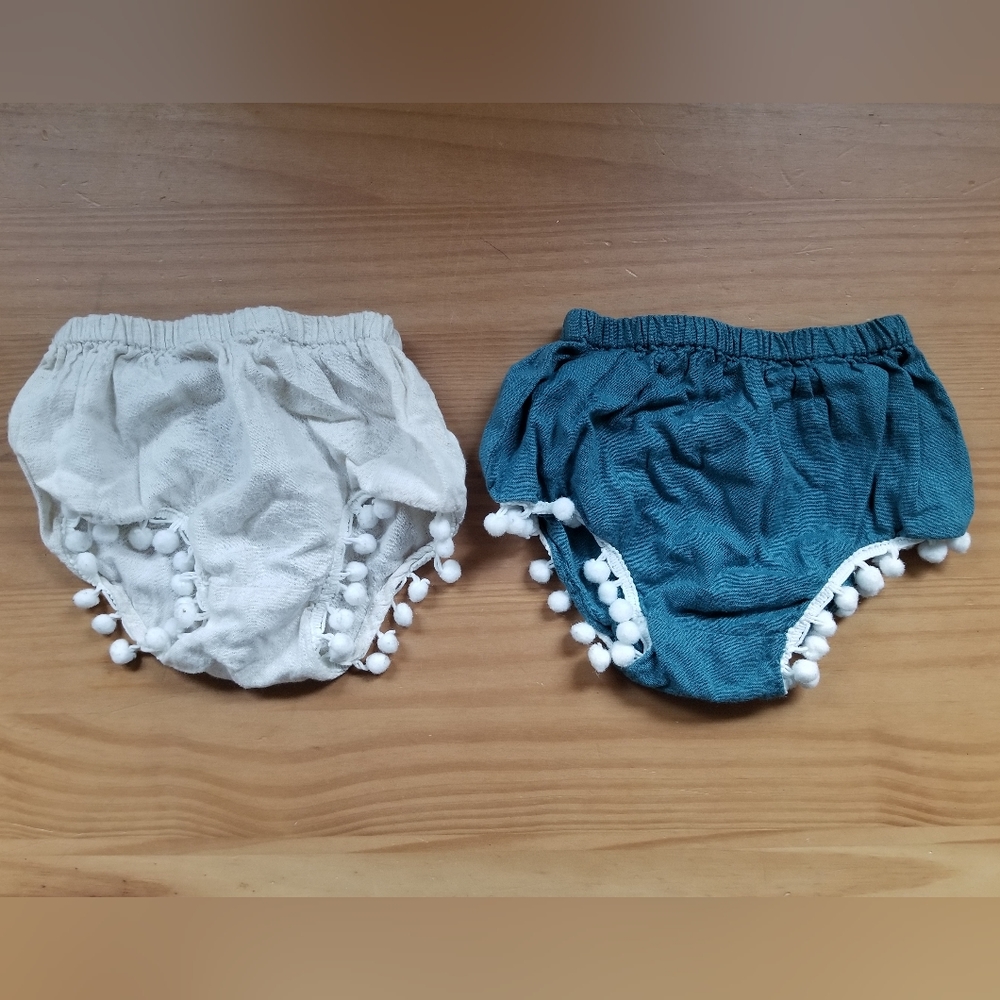 Baby Bloomers, Teal and Cream with Pom Poms